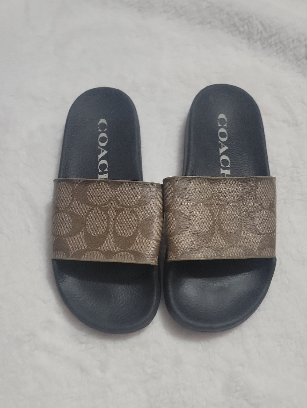 Coach Brown Monogram Slide Sandals with Black Footbed